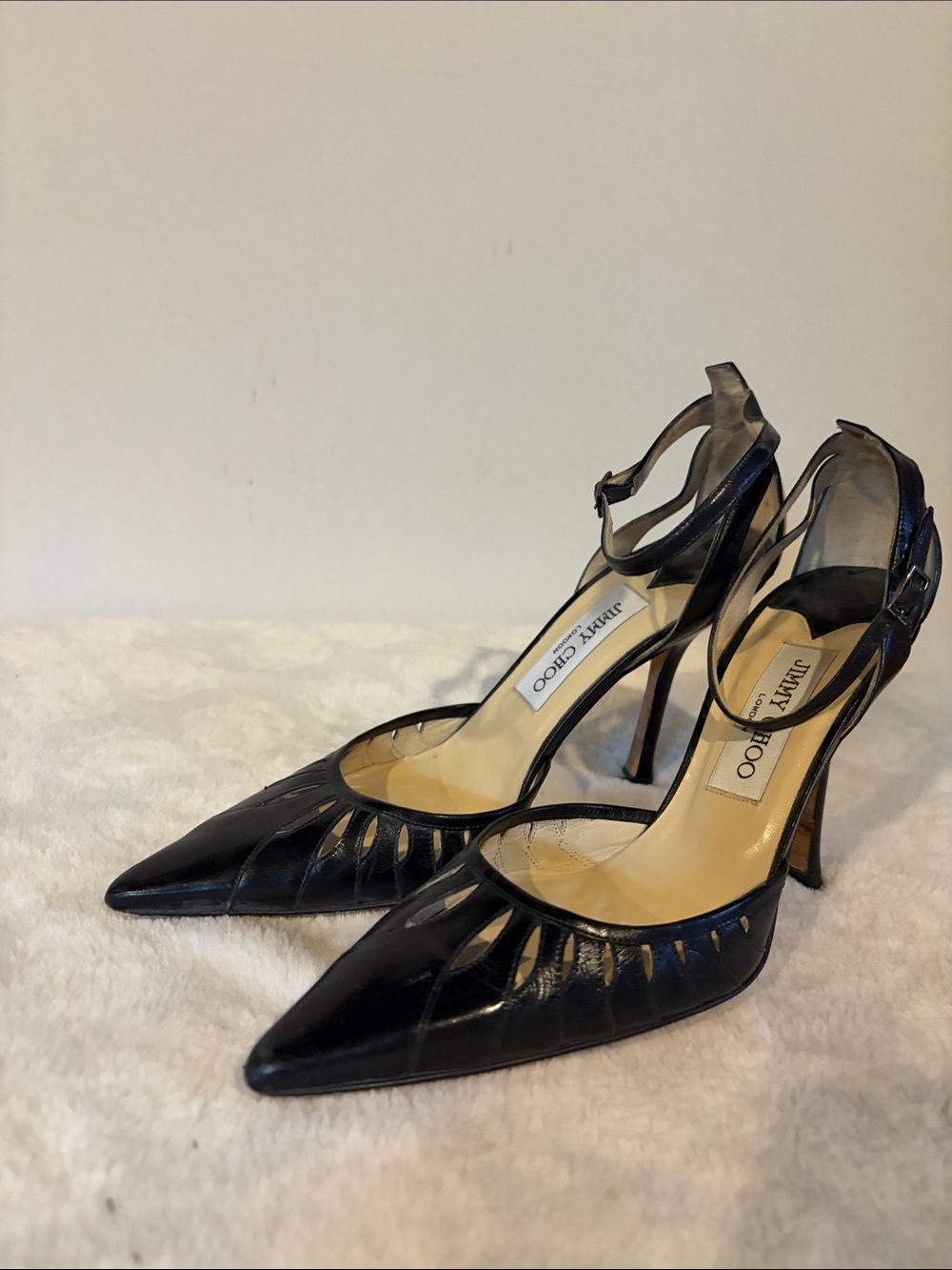 Jimmy Choo Black Pointed Leather Cutout Ankle Strap Heels
